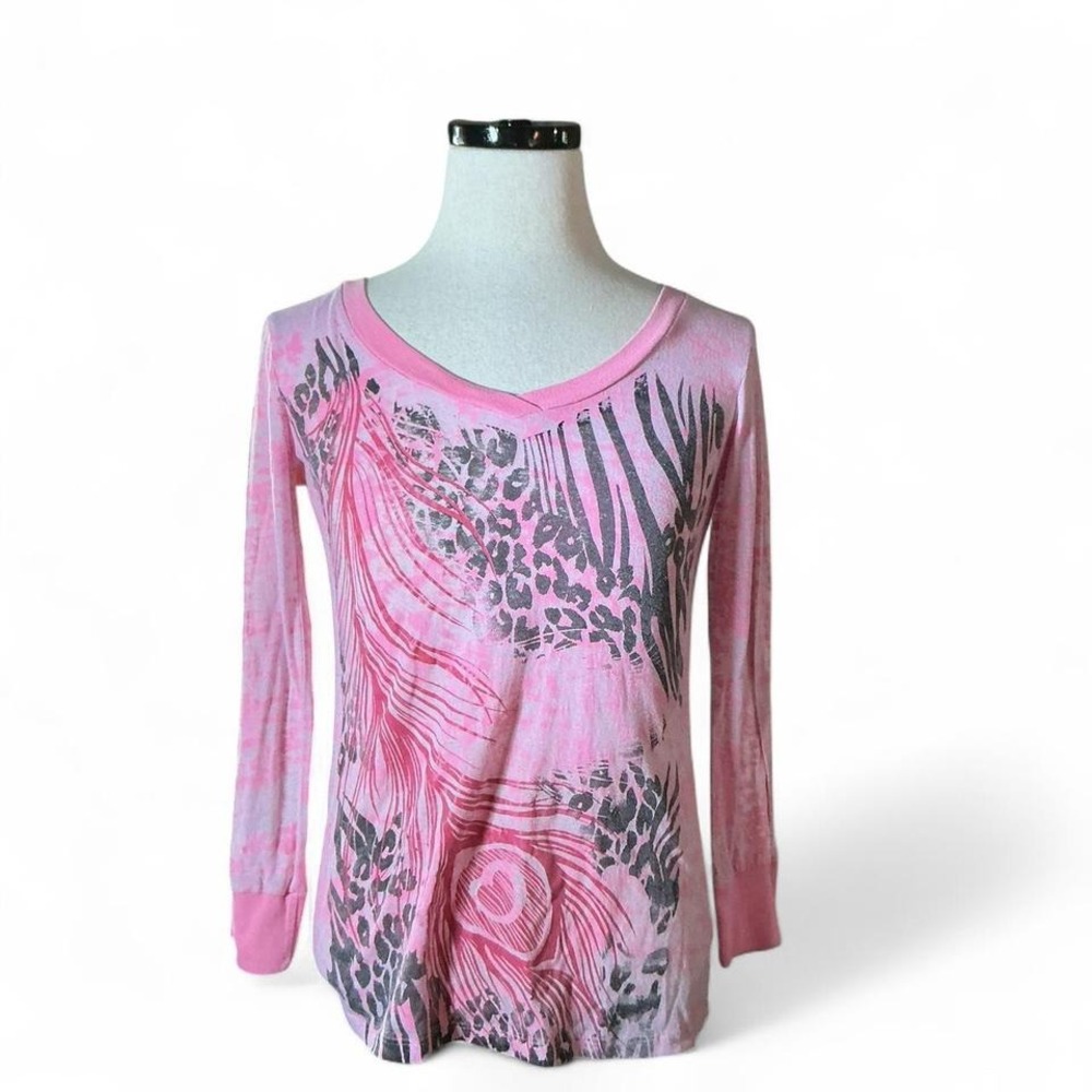 Y2K Womens Pink Tie Dye Long‎ Sleeve V Neck Cutout Back Top Grunge